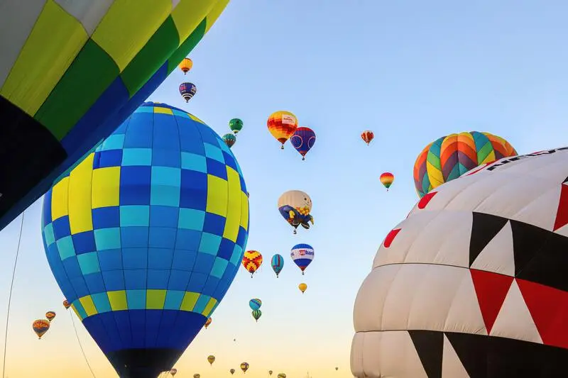 A group of colorful hot air balloons flying in the sky.