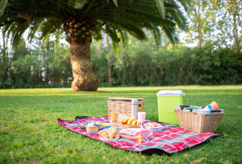 outdoor family picnic spread in a garden