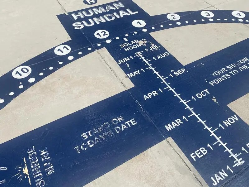 A map of the human sundial is painted on the ground.