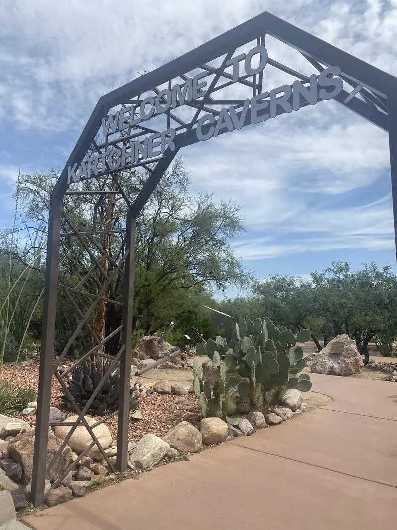 The entrance to the desert botanical garden in Phoenix, Arizona features elements inspired by Kartchner Caverns.