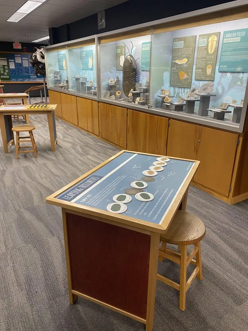 A table with stools in a room with a display case.