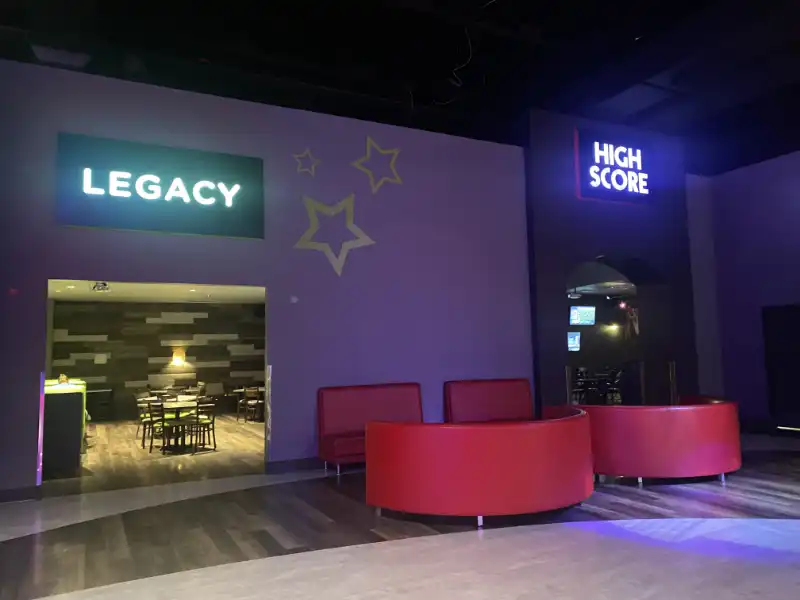 The eating area with a sign that says legacy.